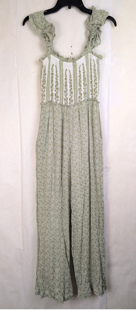 Sim & Sam green mixed print floral smocked crinkle jumpsuit Size S Boho Dainty